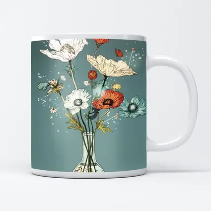 Poppy Bouquet In Glass Vase Teal