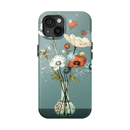 Poppy Bouquet In Glass Vase Teal