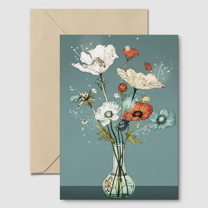Poppy Bouquet In Glass Vase Teal