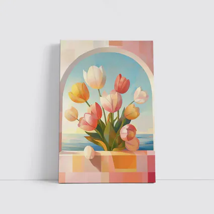 Tulips Bouquet Arched Window Ocean View