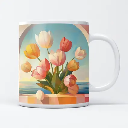 Tulips Bouquet Arched Window Ocean View