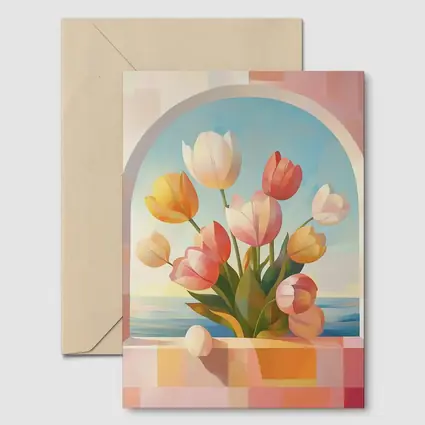 Tulips Bouquet Arched Window Ocean View