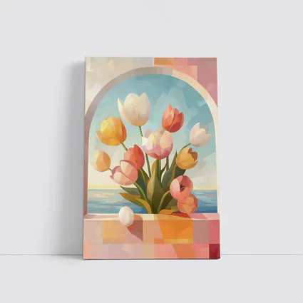 Tulips Bouquet Arched Window Ocean View