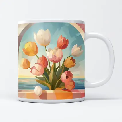 Tulips Bouquet Arched Window Ocean View
