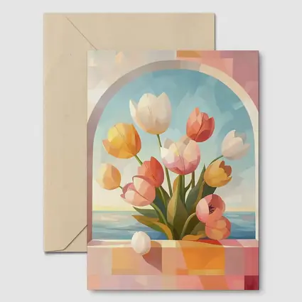 Tulips Bouquet Arched Window Ocean View