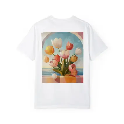 Tulips Bouquet Arched Window Ocean View