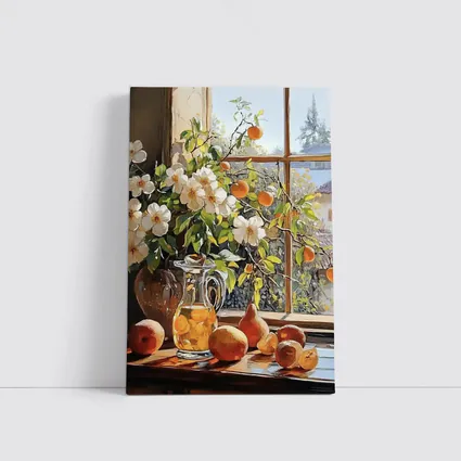 White Flowers Fruit Still Life Window