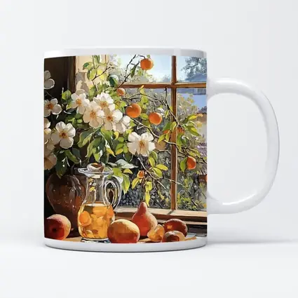 White Flowers Fruit Still Life Window