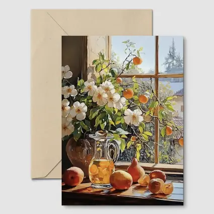White Flowers Fruit Still Life Window