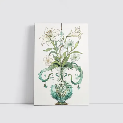 White Lily Bouquet Glass Vase Art Nouveau
