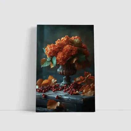 Orange Hydrangeas Vintage Vase Autumn Leaves