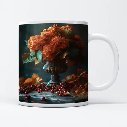 Orange Hydrangeas Vintage Vase Autumn Leaves