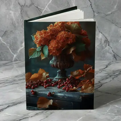 Orange Hydrangeas Vintage Vase Autumn Leaves
