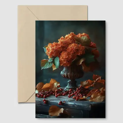 Orange Hydrangeas Vintage Vase Autumn Leaves