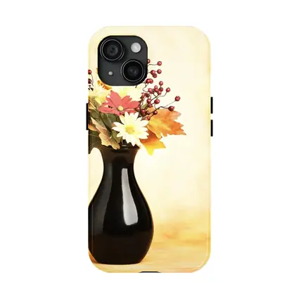 Autumn Flowers Black Vase Warm Background