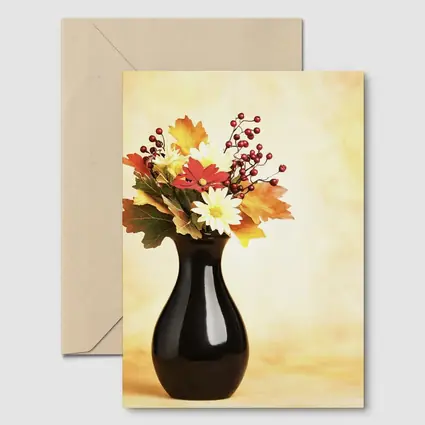Autumn Flowers Black Vase Warm Background