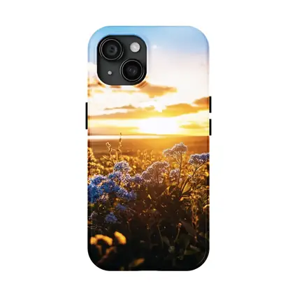 Blue Wildflowers Field Golden Sunset Sky