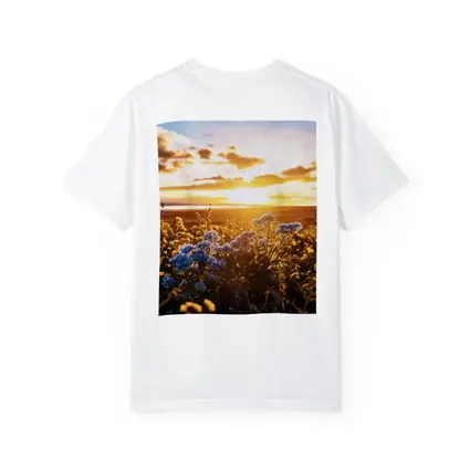 Blue Wildflowers Field Golden Sunset Sky