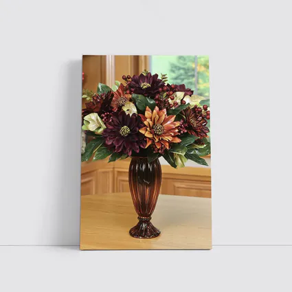 Deep Burgundy Dahlia Floral Arrangement Brown Vase