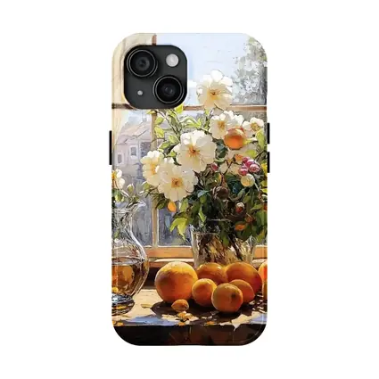 White Flowers Oranges Crystal Vase Window