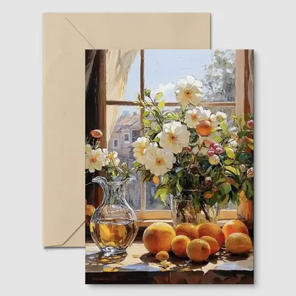 White Flowers Oranges Crystal Vase Window