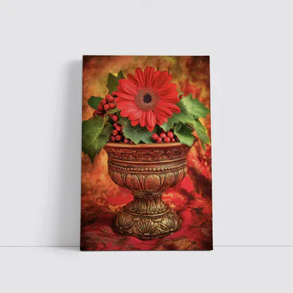 Red Gerbera Daisy Holly Berry Ornate Vase