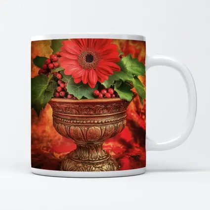 Red Gerbera Daisy Holly Berry Ornate Vase