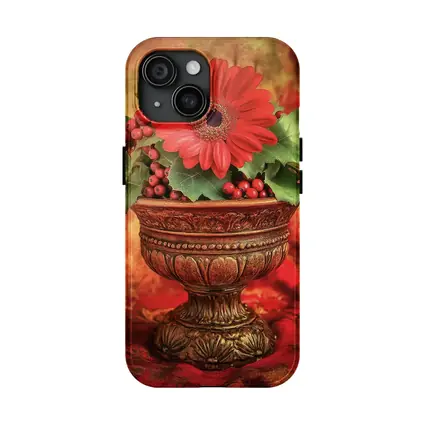 Red Gerbera Daisy Holly Berry Ornate Vase
