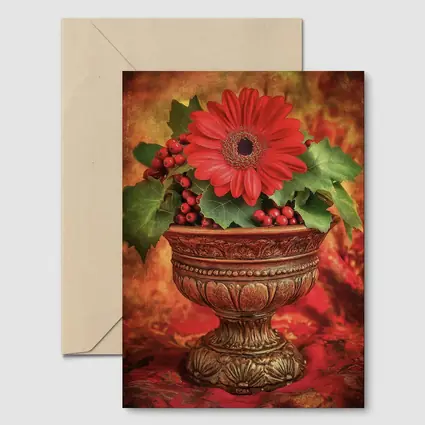 Red Gerbera Daisy Holly Berry Ornate Vase