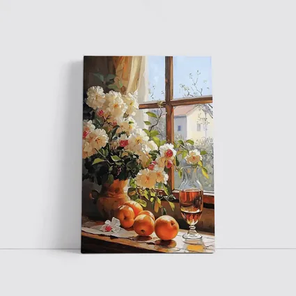 White Roses Oranges Wine Glass Window Still Life