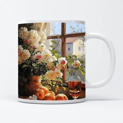 White Roses Oranges Wine Glass Window Still Life