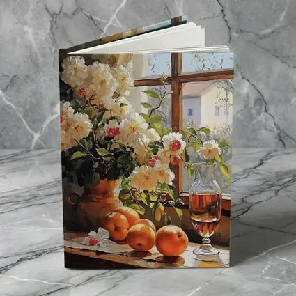 White Roses Oranges Wine Glass Window Still Life