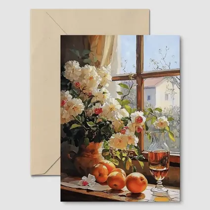 White Roses Oranges Wine Glass Window Still Life