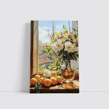 White Flowers Oranges Sunny Window Still Life