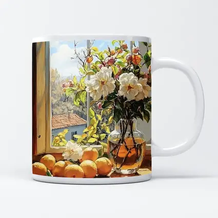 White Flowers Oranges Sunny Window Still Life