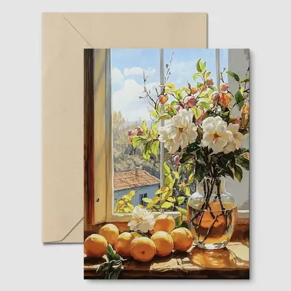 White Flowers Oranges Sunny Window Still Life
