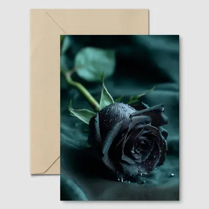 Black Rose With Dewdrops On Dark Fabric