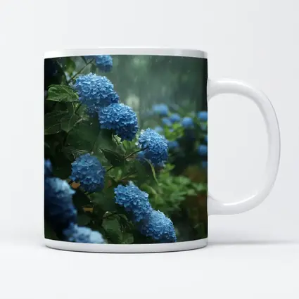 Blue Hydrangeas Blooming in Rainy Garden