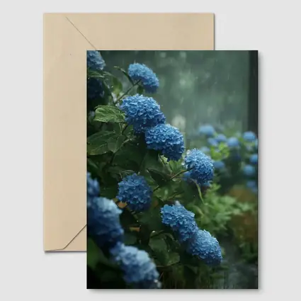 Blue Hydrangeas Blooming in Rainy Garden