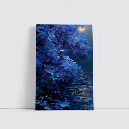 Blue Flowers Over Moonlit Water Night