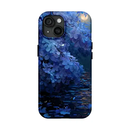Blue Flowers Over Moonlit Water Night