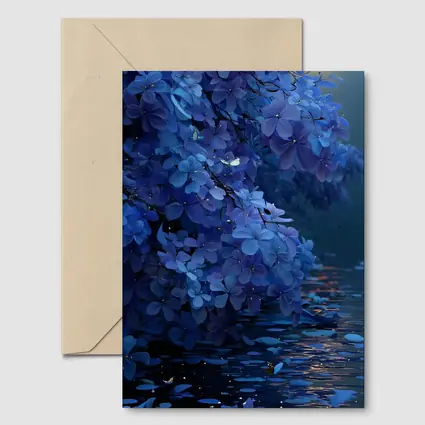 Blue Flowers Over Moonlit Water Night