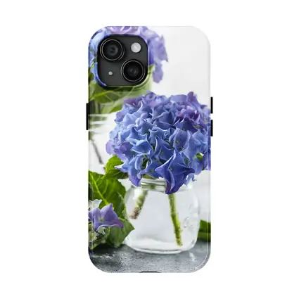 Blue Hydrangea Flowers In Glass Jars