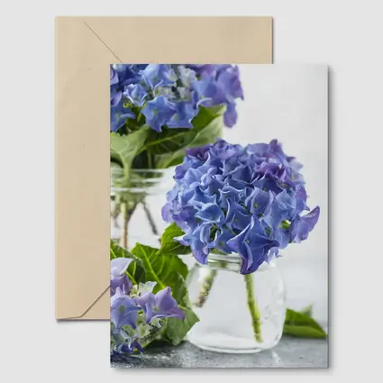 Blue Hydrangea Flowers In Glass Jars