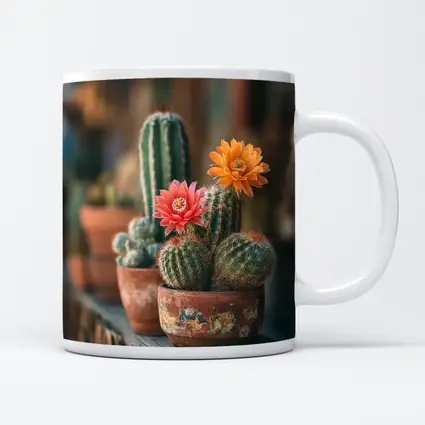 Blooming Cacti in Terracotta Pots Shelf