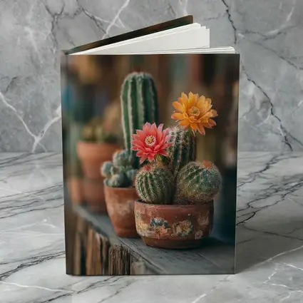 Blooming Cacti in Terracotta Pots Shelf
