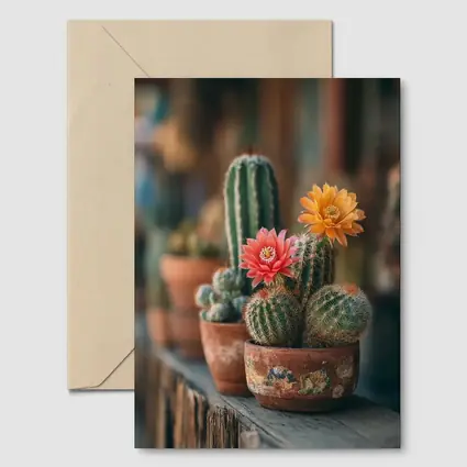 Blooming Cacti in Terracotta Pots Shelf