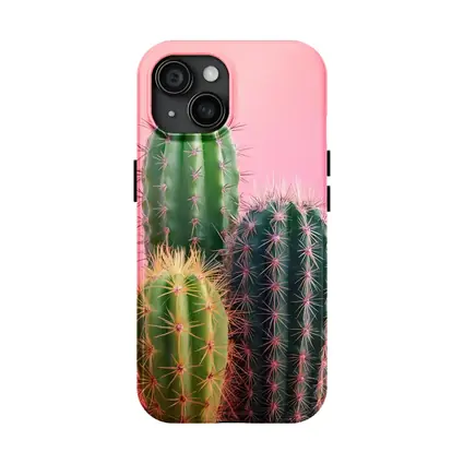 Three Green Cacti on Pink Background