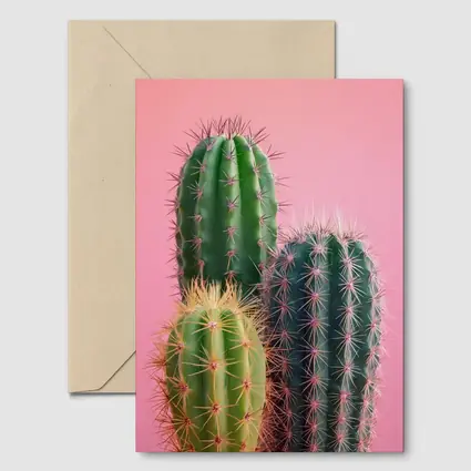 Three Green Cacti on Pink Background