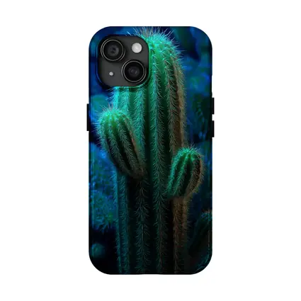 Green Saguaro Cactus Dark Blue Background